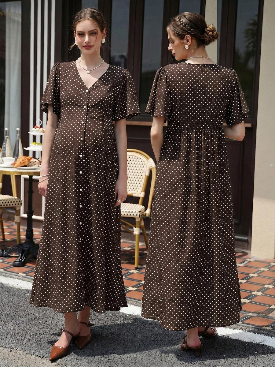 Momance Printed Polka Dot Split Long Ruffle Sleeve Casual Split Maternity Dress - Brown - View 1