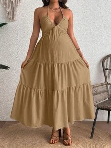 Cheriluna Maternity Comfortable Halter Backless Maternity Dress - Yellow - View 3