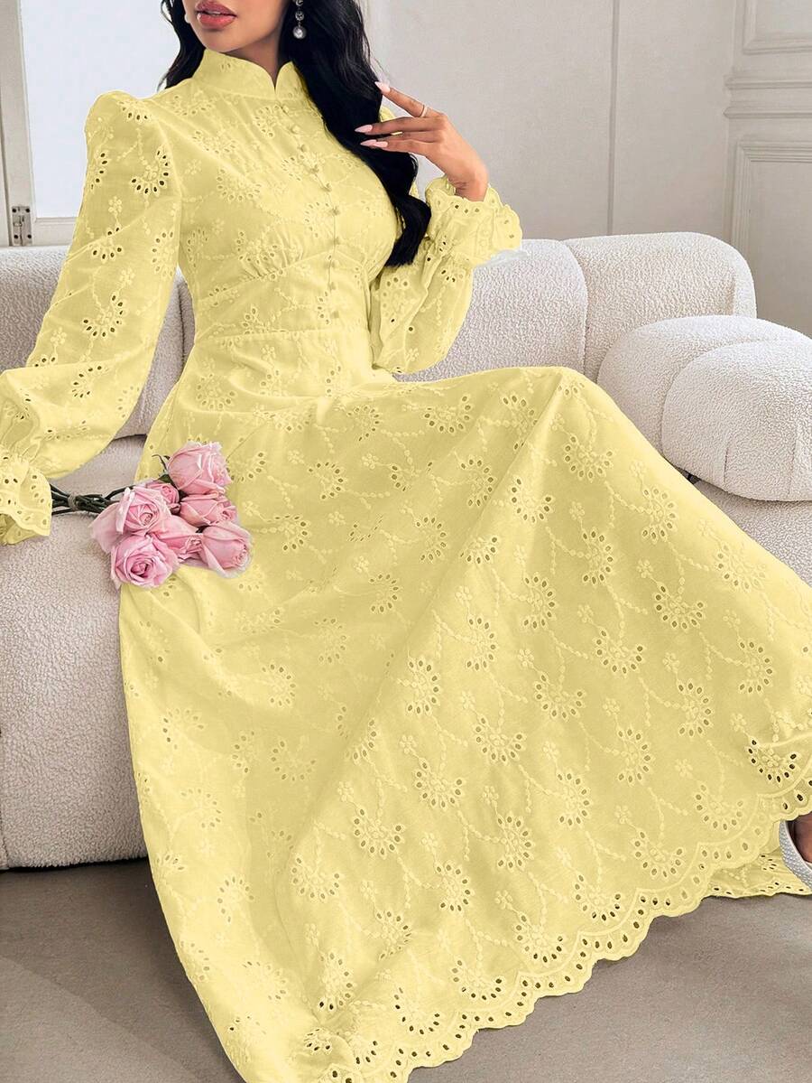 Modelyn French Style Stand Collar Lace Hollow Out Button Petal Sleeve Design Dress - Light Yellow - View 1