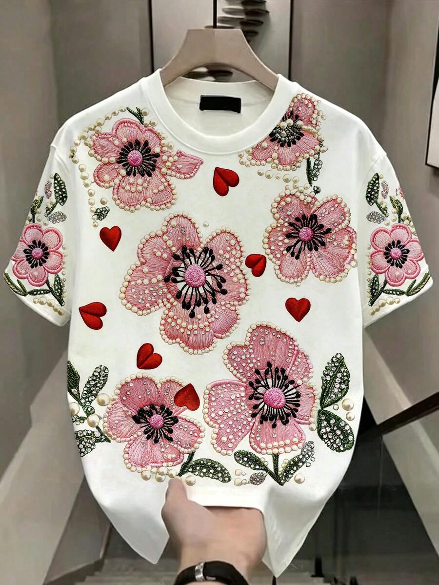 SHEIN Essnce 女款休閒極簡圓領短袖寬鬆T恤,適合夏季,高級感上衣 - 彩色 - 查看 1
