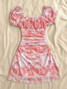 SHEIN Teen Girls Summer Casual Elegant Marble Print Dress Hot Pink Powder Marble Pattern Vacation - Multicolor - View 3
