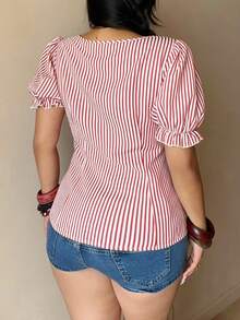 Sunnyshic Plus Size Minimalist Elegant Sexy Lace Patchwork Front Slit Petal Sleeve Blouse Vacation Red Summer - Multicolor - View 2