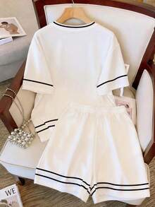 Resyla Summer New Arrival, Plus Size Women's T-Shirt And Shorts Set, Minimalist Bow Print, Pattern Design, Premium Feel, Casual Loose Fit, Daily Wear, Versatile Style, Outing Apparel, Travel, Shopping, Outdoor - Multicolor - View 2