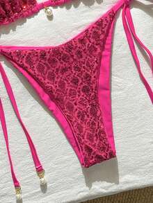 Costavie Swim Basics 2件式泳裝套裝，亮面紋理面料、珍珠裝飾、掛脖三角胸罩與側綁式泳褲，春夏季海灘度假性感比基尼套裝 - 玫紅色 - 查看 6