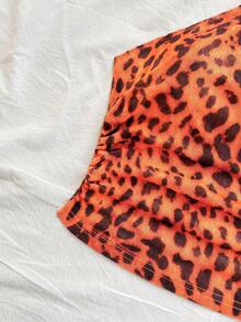 Soleia Sexy Casual One-Shoulder Ruched Leopard Print Top Club Orange Red Summer - Orange - View 7