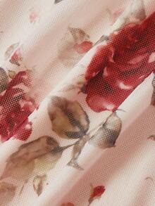 Floral Print Mesh Pleat Dress With Bow - Pink - View 6