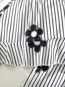 2pcs/Set Tween Girl Spring/Summer Black & White Striped Floral Print, Ruffle Gathered Halter Top, Straight Leg Pants - Black and White - View 6
