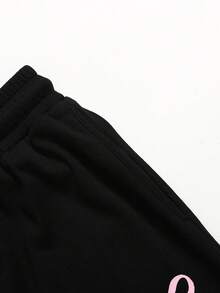 SHEIN Set 2pcs/Set untuk Remaja Perempuan: Kaos dan Legging Kasual Rajut Warna Polos Kerah Bulat dengan Hiasan Pita - Hitam - View 3