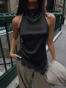 Firerie 女款性感露背抓皺領蕾絲拼接上衣，優雅適合派對、通勤與度假，優雅蕾絲飾邊露背上衣，性感緞面拼接無袖上衣，適合派對、雞尾酒會、正式場合、商務休閒及其他場合。日常通勤女款上衣 - 黑色 - 查看 4