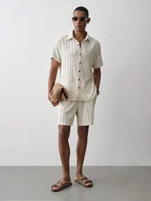 MENRIVO Men's Summer Casual Striped Shirt And Shorts Set - Beige - View 2