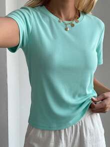 DAZY Summer Casual Versatile Solid Color Short Sleeve T-Shirt - Green - View 6