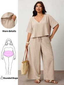 Enliva Plus Size Casual Textured Short Sleeve Top And Pants 2 Pieces Set, Suitable For Daily Wear And Vacation - Khaki - View 1