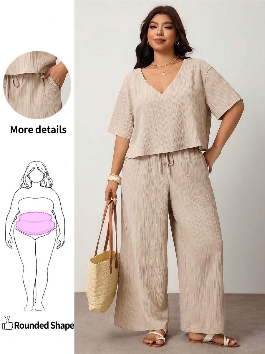 Enliva Plus Size Casual Textured Short Sleeve Top And Pants 2 Pieces Set, Suitable For Daily Wear And Vacation - Khaki - View 1