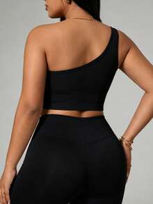 Easithlete Plus Size Women Solid Color One Shoulder Casual Versatile Daily Travel Sports T-Shirt - Black - View 2