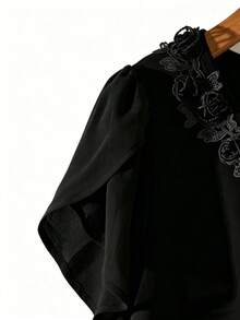 GlowEve CURVE Plus Size Women Casual Floral Embroidery Round Neck Ruffle Sleeve T-Shirt, Summer - Black - View 5