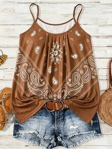 Linhara Plus Size Women's Floral Cashew Print Casual Versatile Daily Outing Camisole Top - Coffee Brown - View 1