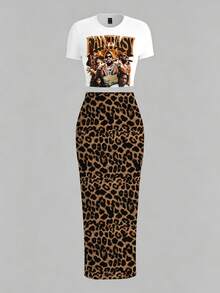 Slaydiva 2 chiếc/Bộ áo thun ngắn casual size lớn và chân váy dài vừa, mùa hè - Nhiều màu - Xem 5