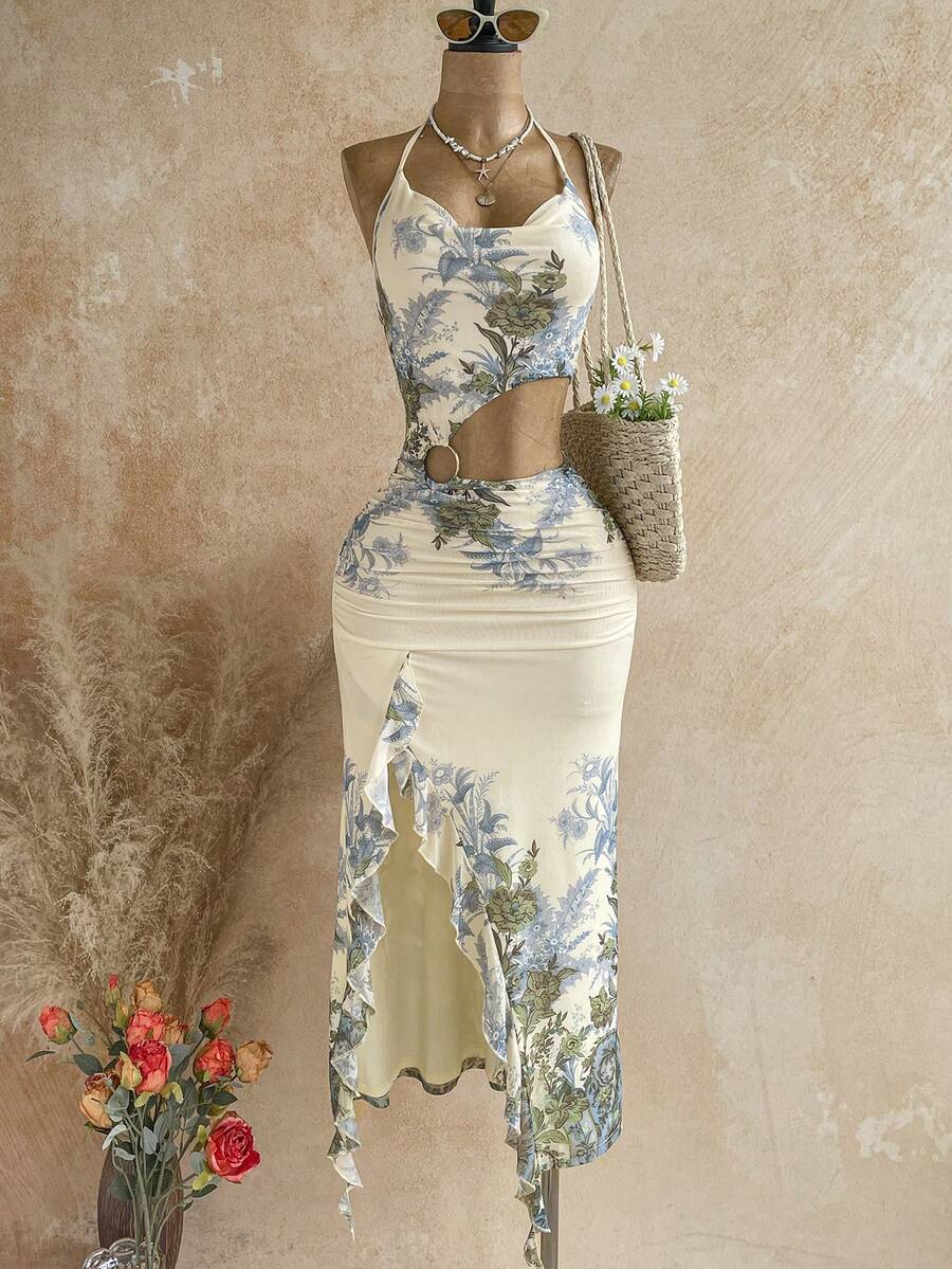 Soleia 女款春夏新款休閒度假西式海灘婚禮賓客畢業早午餐聖派翠克節春假復活節音樂節優雅波西米亞熱帶性感露背掛脖綁帶彩色荷葉邊開衩洋裝 - 彩色 - 查看 1