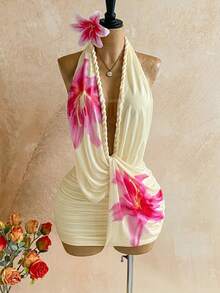 Soleia Women's Floral Print Deep V Neck Ruched Sexy Halter Mini Dress, Vacation - Pale Yellow - View 8