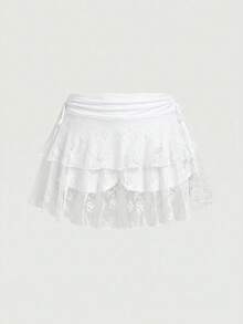 SHEIN MOD 大尺碼女款黑色蕾絲抽繩腰迷你裙，新年、電音節慶裝、Y2k服飾、性感裙、西方女裝、夏季女裝、鄉村風裝扮、情人節、郵輪性感女裝 - 白色 - 查看 2