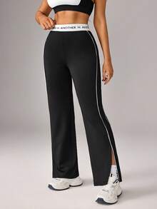 Dewbera Dewbera Women's Casual Letter Tape Contrast Piping Split Hem Straight Leg Sweatpants - Black - View 3