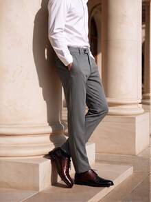 Officeau Men's Suit Pants, Fashionable Casual Straight Leg Trousers, Loose Minimalist Style, Solid Color Wrinkle-Resistant Straight Leg Pants - Grey - View 4