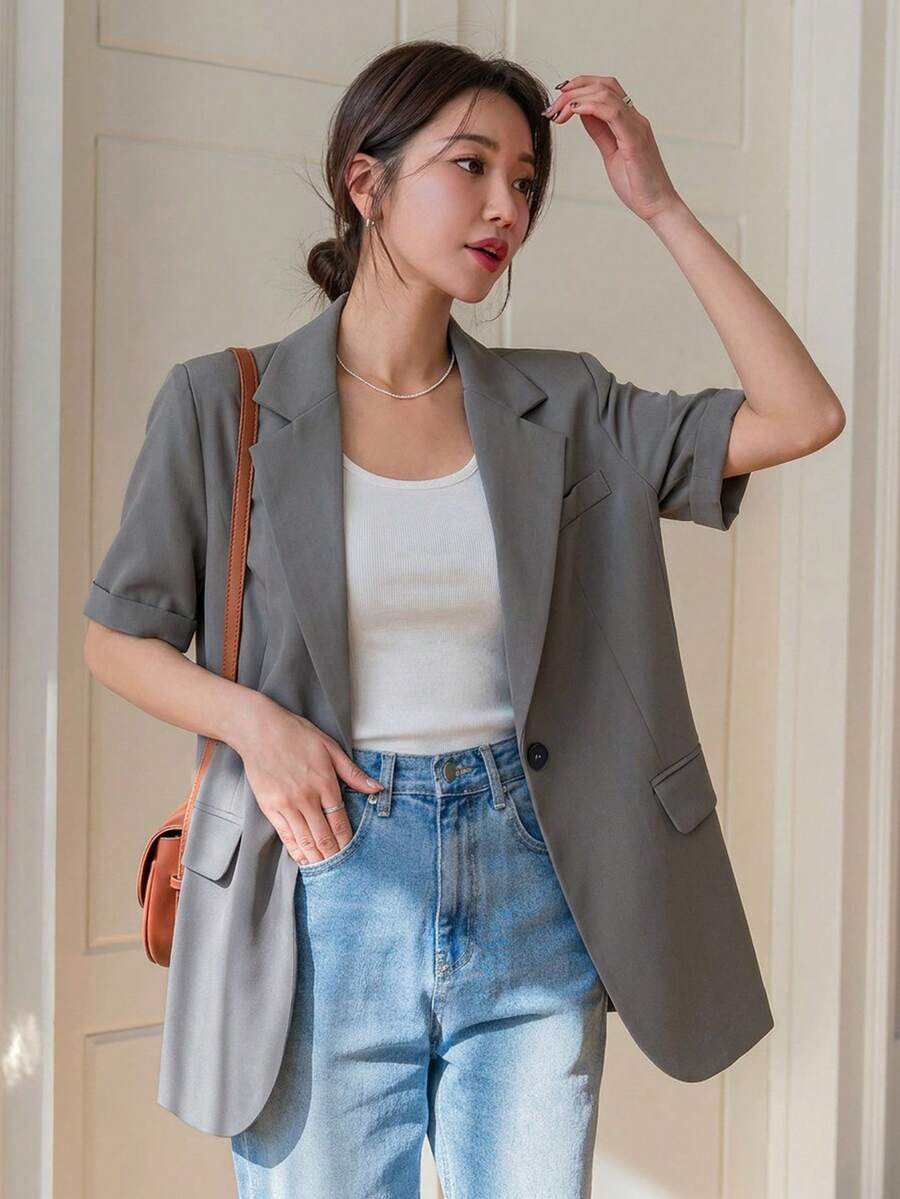 DAZY Women's Solid Color Notched Collar Casual Versatile Commuting Blazer - Light Grey - View 1