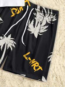 VIVINTIMO Men's Letter Print Crew Neck Top And Shorts Casual Daily Set, Holiday - Multicolor - View 3