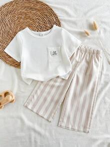 SHEIN Vintaside Kids 2件組男嬰可愛休閒短袖上衣與格紋長褲套裝，適合夏季、居家與旅行 - 白色 - 查看 3