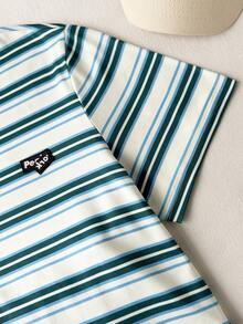 2pcs/Set Tween Boys Loose Casual Striped Print With Cute Patch Decor Top T-Shirt And Denim Long Pants Set, Fashionable, Suitable For Multiple Occasions, Daily Commute, Casual, Vacation - Multicolor - View 5