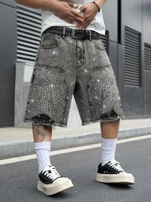 GALLERY FADE Men's Casual Street Rhinestone Distressed Slant Pocket Denim Shorts - Grey - View 4