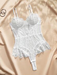 SHEIN Combinaison sexy à bretelles pour femme avec patchwork de dentelle florale et volants mode - Blanc - Voir 3