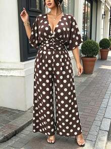 Vionelle Plus Size Women Elegant 1920s 1950s Vintage Chocolate Brown Ruffle Long Jumpsuit Spring Summer Wedding Guest Vacation Formal Evening Tea Party - Brown - View 3