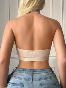 Divavoom Front Closure Solid Color Romantic Lace Patchwork Halter Bra - Apricot - View 2
