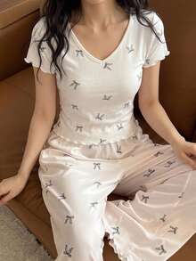 DAZY Bộ đồ ngủ nữ 2 món/set áo thun ngắn tay họa tiết bướm và quần dài ống suông, mùa hè - trắng - Xem 7