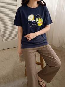 DAZY 2件組女款水果圖案寬鬆短袖T恤與直筒長褲睡衣套裝，夏季 - 彩色 - 查看 4