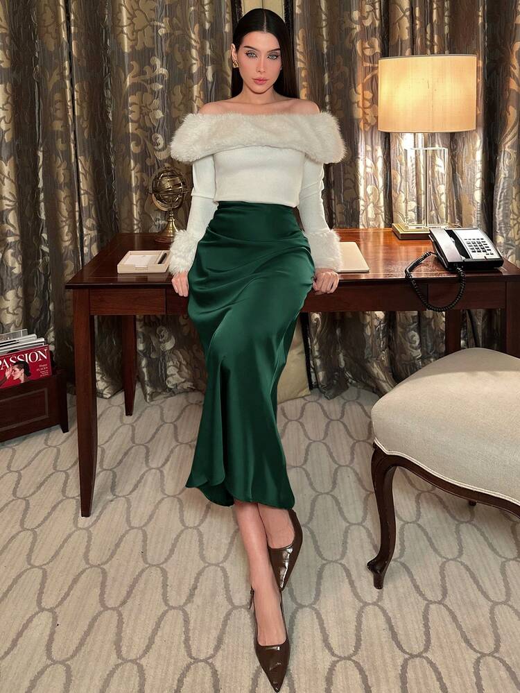 hhfernanda Pleated Satin Skirt,Ladies Elegant Ruched,Zipper Long