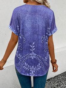 EMERY ROSE New V-Neck Short Sleeve T-Shirt For Women, Faux Leather Texture Print - Multicolor - View 2