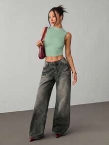 SHEIN PETITE Áo tank top cổ giả cao nhún bèo màu đen - Màu xanh Bạc hà - Xem 4