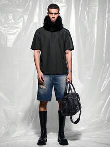 IRON GLYPH 男士破洞牛仔短裤外出纯色深蓝色宽松牛仔短裤，适合丈夫、男朋友的礼物 - 深色水洗藍 - 查看 6