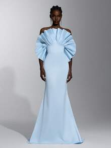 Elitara Elegant Formal Sky Blue Satin Mermaid Evening Gown Dramatic Ruffle Off-Shoulder Floor-Length Fitted Dress With Train For Women Wedding Spring - Baby Blue - View 5