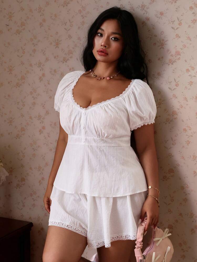 CovetEZ Plus Size Women's Spring/Summer New Cotton Blend Contrast Lace Petal Sleeve Short Sleeve Blouse, Sweet Casual Women's Shirt - White - View 1