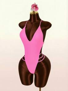 Amplova 1pc Women's Sexy Backless Halter Monokini Swimsuit With Steel Rings, Suitable For Vacation And Daily Wear - Hot Pink - View 4