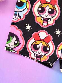 THE POWERPUFF GIRLS X SHEIN 女嬰卡通印花圓領短袖T恤與短褲休閒日常套裝 - 黑色 - 查看 8