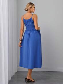 SHEIN Maternity Solid Color Tie-Up Ruched Casual Daily Wear Spaghetti Strap Dress - Blue - View 2