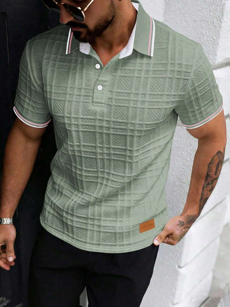 EGENSIO Men's Casual Daily/Office Commute Textured Fabric Contrast Striped Trim Short Sleeve Polo Shirt, Summer - Green - View 1