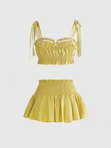 Sweetness Sweet Vacation Cotton Linen Fabric Cropped Camisole And Mini Skirt Set For Women, Spring/Summer - Yellow - View 2