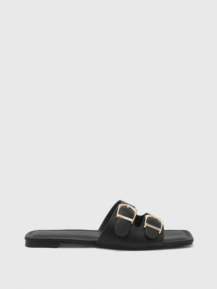 CUCCOO BIZCHIC French Premium Black Double Buckle Sandals Women's Gaiden Versatile Square Head Flat One-Flip Commuter Beach Sandals