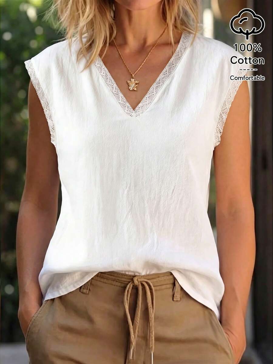 SHEIN Women's Loose V-Neck Ruffle Trim Sleeveless Solid Color Cotton Tank Top, Suitable For Daily Wear, Casual, Holiday, And Commute - White - View 1
