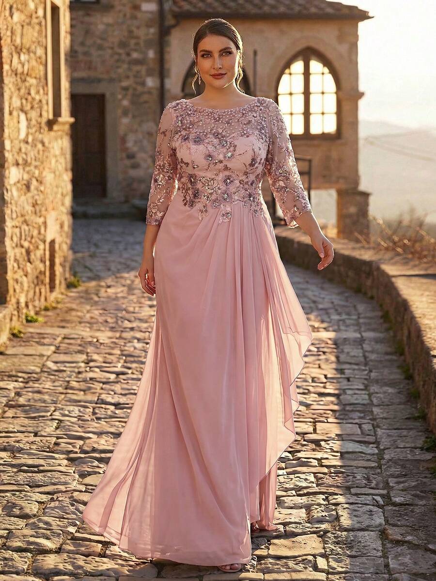 Aureia Plus Size Elegant Romantic Round Neck Sheer 3/4 Sleeve Waist Applique Ruffle Hem Luxurious Embroidered Patchwork Chiffon Suitable For Wedding Party Celebration Formal Dinner Bride Mother Dress - Champagne - View 1